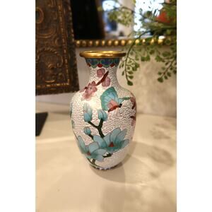 Vintage Jingfa Chinese Cloisonné Cherry Blossom Butterfly Vase 6" Tall